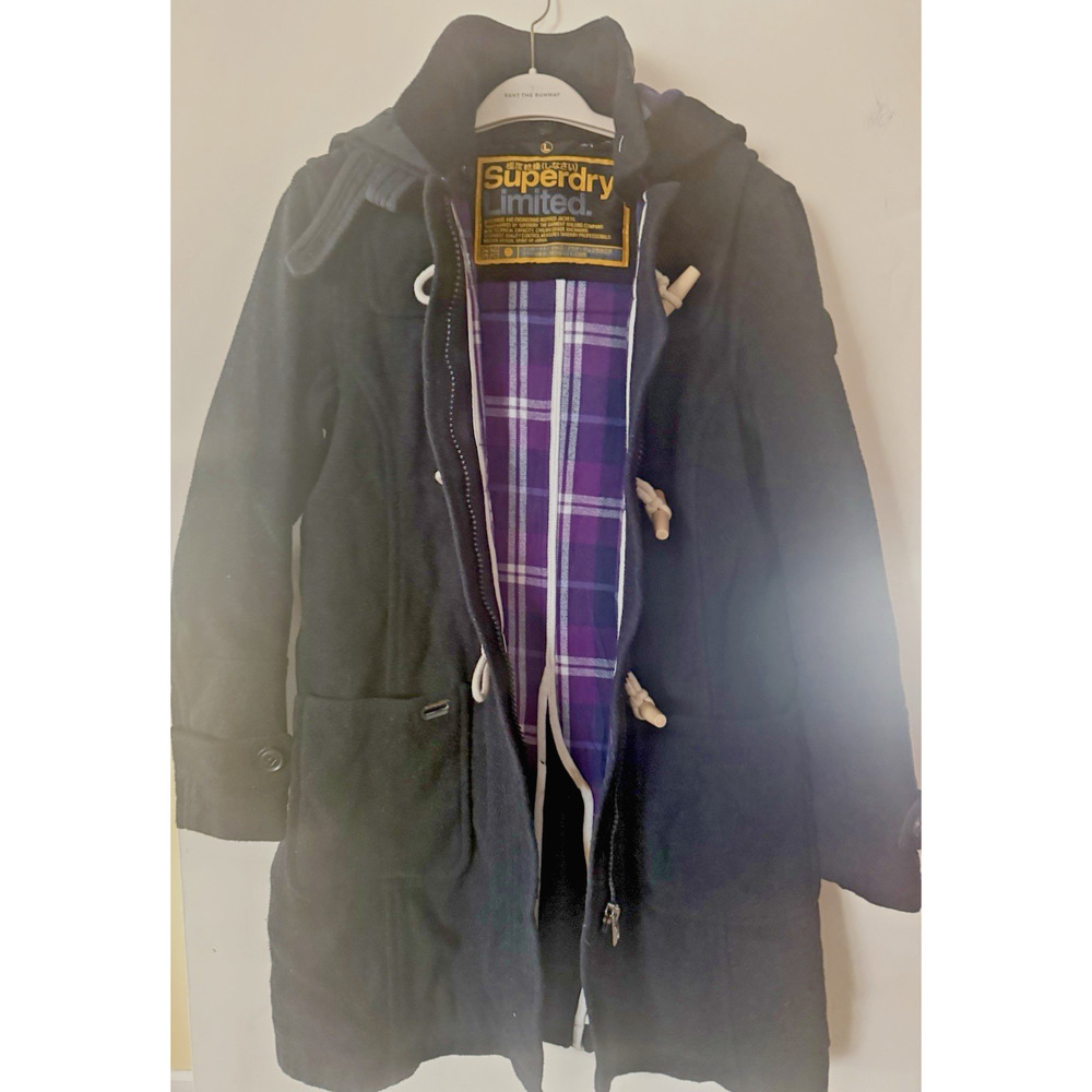 MINT Superdry Duffle Wool Hooded Zip Coat Grey Purple Toggle Size L WARM EUC